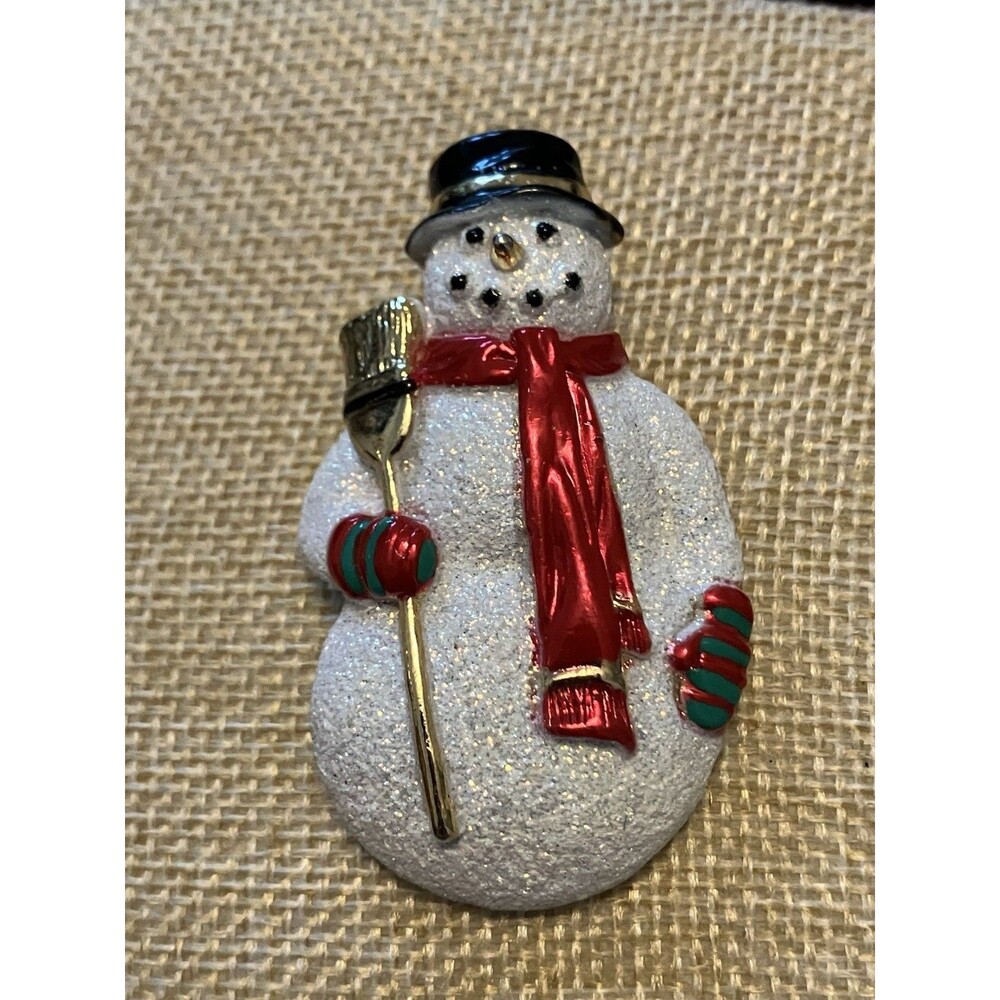 Snowman Brooch Vintage Enamel Red Scarf Gold Broom Christmas Winter Pin